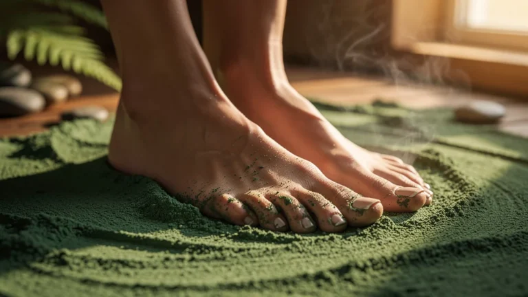 Pieds reposant sur argile verte humide montrant les bienfaits naturels sous les pieds