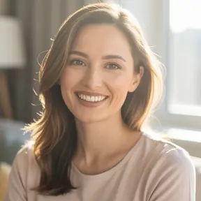 femme française souriante lisant un blog culinaire en lumière naturelle