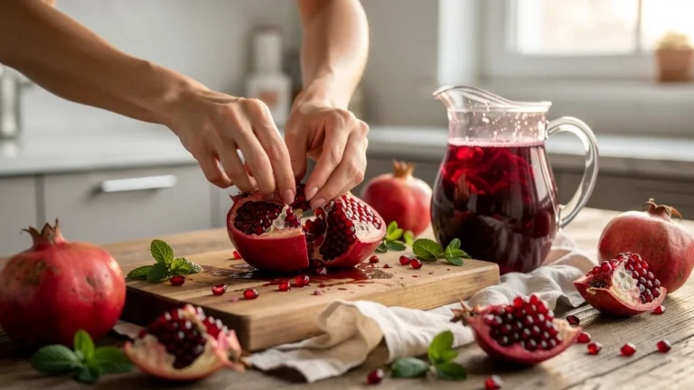 Préparation d'une cure de jus de grenade frais avec fruit ouvert et jus naturel dans une cuisine lumineuse