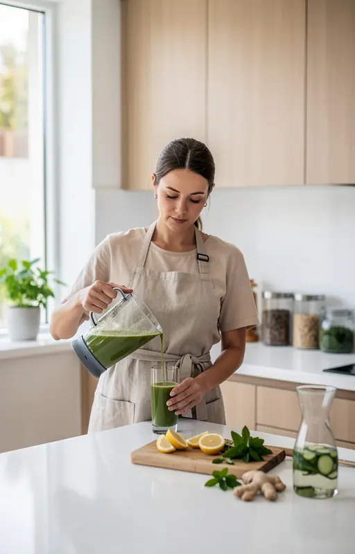 femme française cuisinant calmement dans une cuisine minimaliste avec lumière naturelle