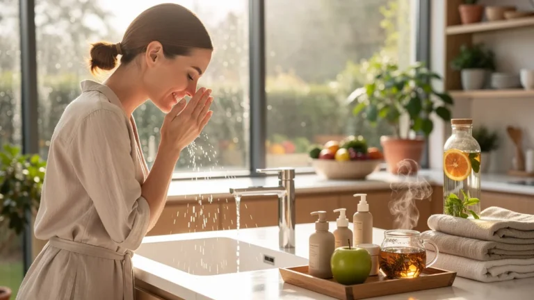 Femme rayonnante adoptant une hygiène de vie parfaite dans un intérieur moderne lumineux et sain