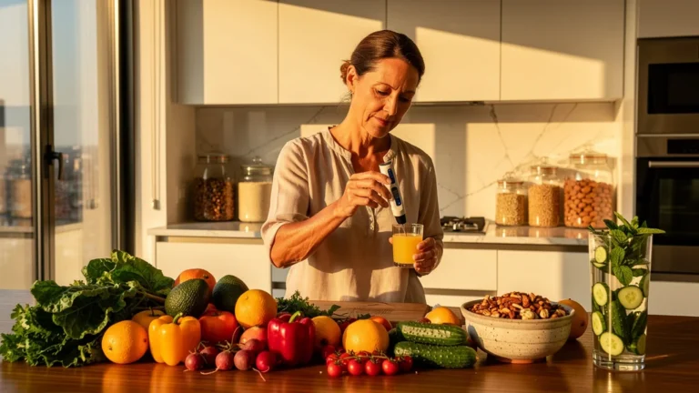 Cuisine lumineuse avec fruits et légumes frais illustrant l'équilibre acido-basique sain au quotidien