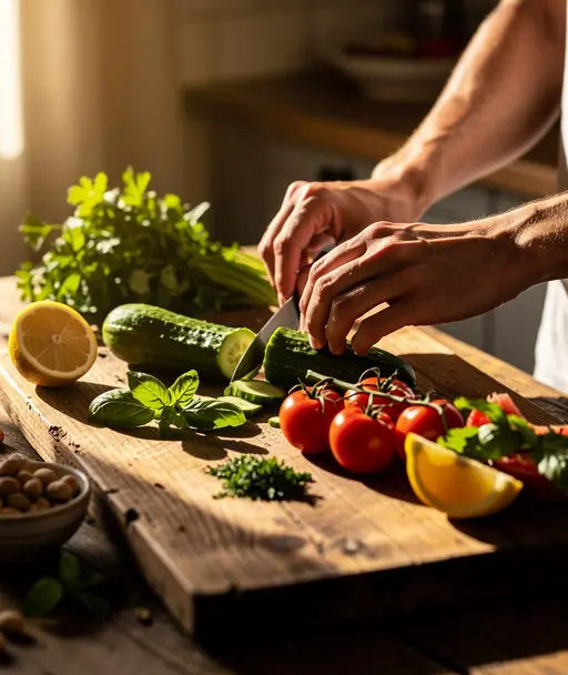 mains préparant des aliments sur un plan de travail en cuisine avec lumière naturelle