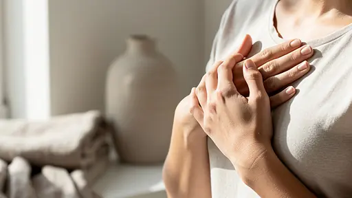 mains posées sur la poitrine dans une cuisine calme ambiance douce et naturelle