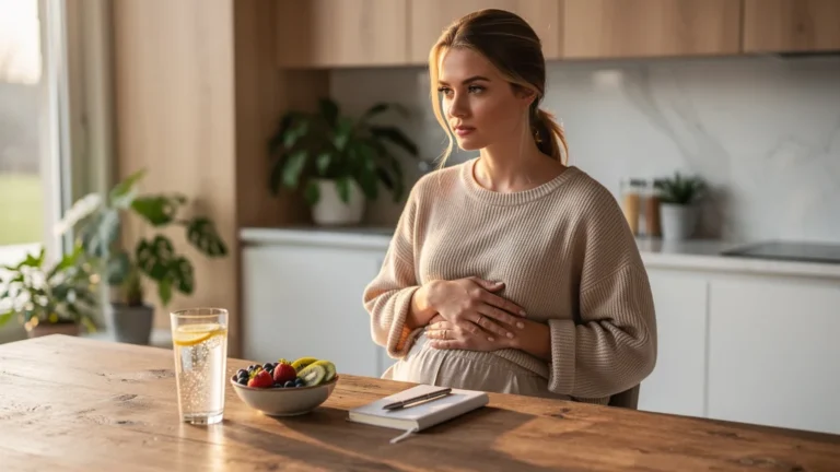 Femme méditant sur son ventre après 3 semaines de jeûne intermittent 16/8 dans une cuisine lumineuse