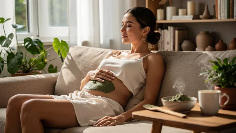 Femme appliquant un cataplasme d’argile verte abdominal après 4 semaines, moment de bien-être naturel
