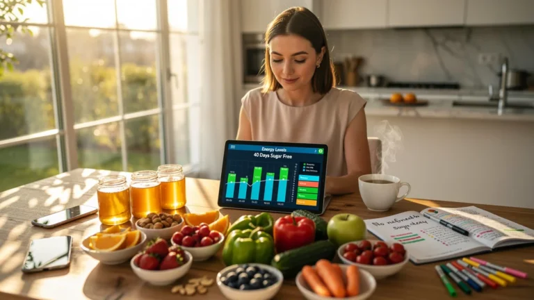 Jeune femme suit heure par heure son énergie pendant 40 jours sans sucre raffiné dans une cuisine lumineuse