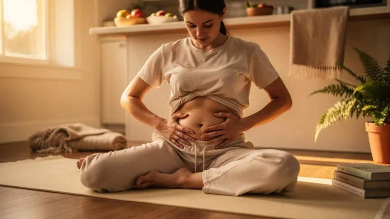Femme pratiquant un auto-massage du ventre après repas, résultats visibles après 6 semaines quotidiennes