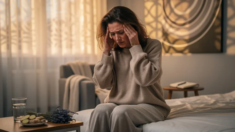 Femme de 42 ans souffrant de migraines prémenstruelles cycliques, illustrant la minimisation des douleurs