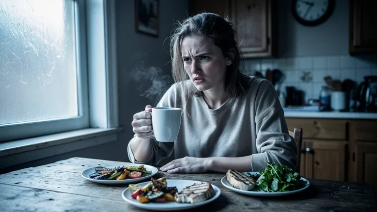 Femme irritable après avoir supprimé tous les féculents un mois, portrait réaliste en cuisine