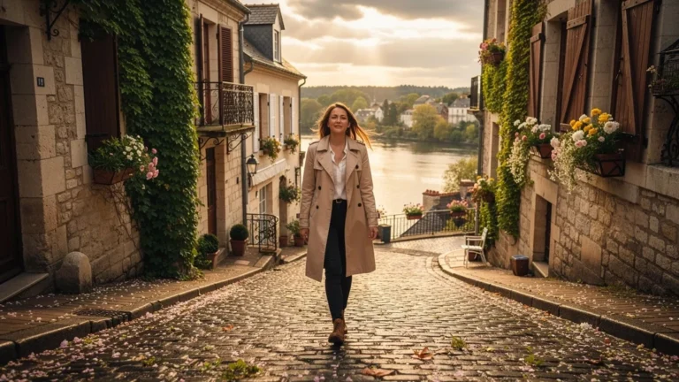 Femme marchant en silence dans les rues d'Amboise un dimanche pour évacuer la semaine