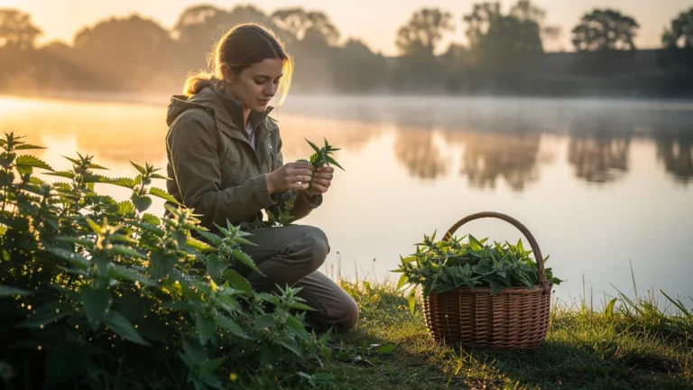 Jeune femme cueillant des orties au bord du Cher au lever du jour pour préparer sa première soupe nature