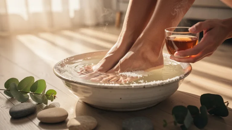 Personne profitant d'un bain de pieds chaud au sel de nigari, rituel bien-être relaxant pendant 30 jours