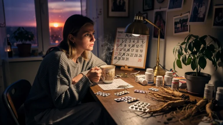 Femme épuisée masquant sa fatigue chronique avec du ginseng dans un intérieur tamisé, ambiance mélancolique réaliste
