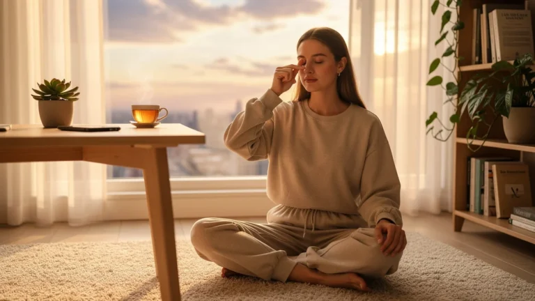 Femme pratiquant la respiration alternée avant un appel stressant dans un bureau calme et lumineux