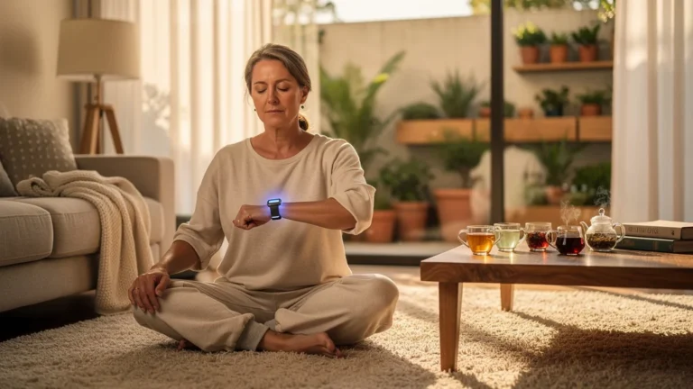 Femme pratiquant la cohérence cardiaque 5 minutes par jour, montre connectée en évidence