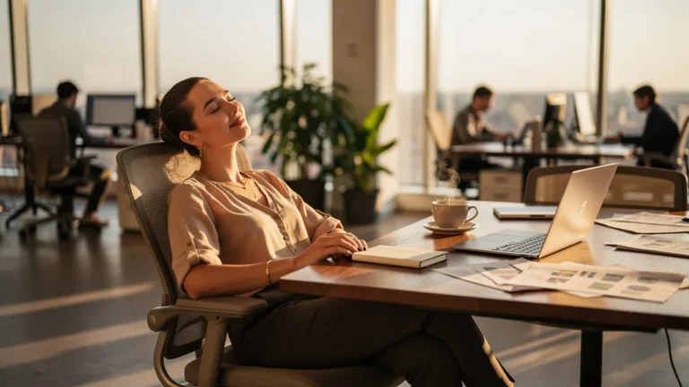 Femme faisant une sieste flash de 15 minutes en fin d'après-midi au bureau, alternative au troisième café