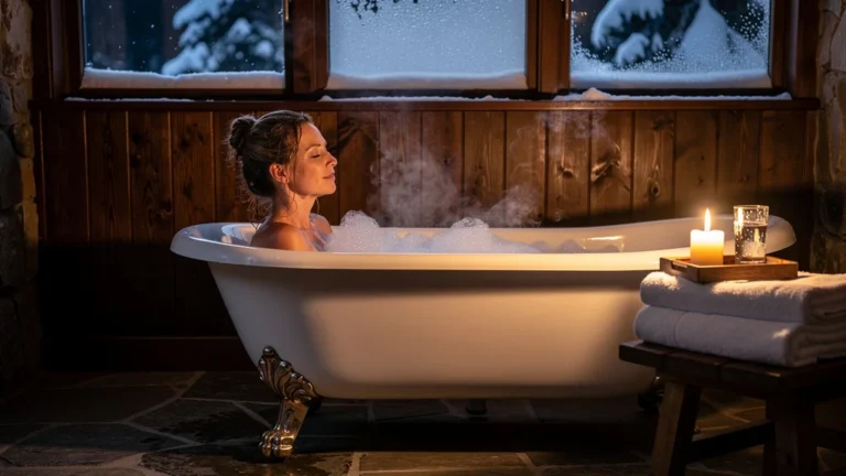 Femme détendue dans un bain chaud le soir d’hiver, paupières lourdes, ambiance chaleureuse et relaxante