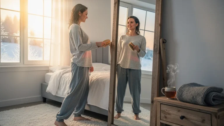 Femme pratiquant le brossage à sec le matin pour un réveil efficace en hiver