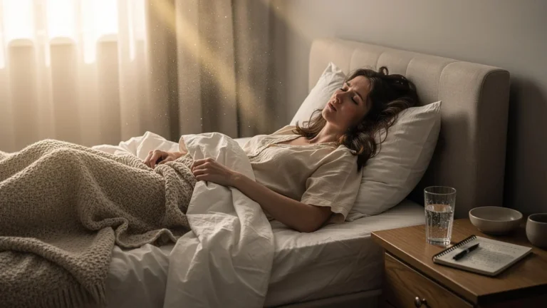 Femme fatiguée au lit après un détox de janvier trop brutal, ambiance intime et réaliste