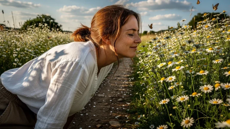Chemin bordé de camomille sauvage en fleurs, symbole de reconnexion avec la nature
