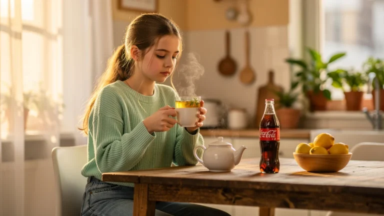 Adolescente refuse un Coca pour une infusion de verveine dans une cuisine chaleureuse lumineuse