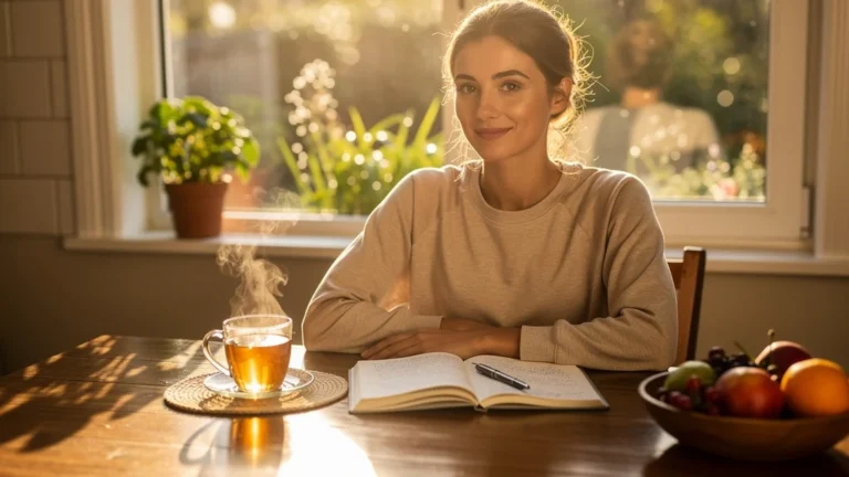 Femme sereine au petit-déjeuner sans café, ressentant la différence après 3 semaines sans caféine
