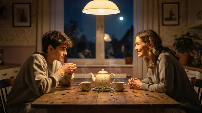 Moment intime au soir : ado de 15 ans demande une tisane pour dormir avec sa mère
