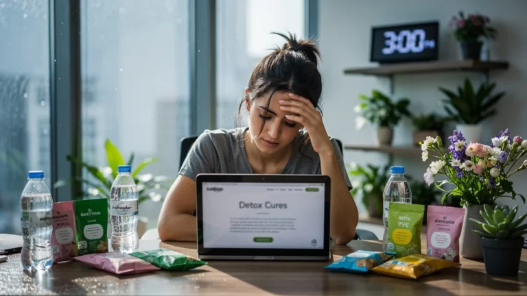 Femme fatiguée au bureau après une cure détox printanière épuisante sans accompagnement