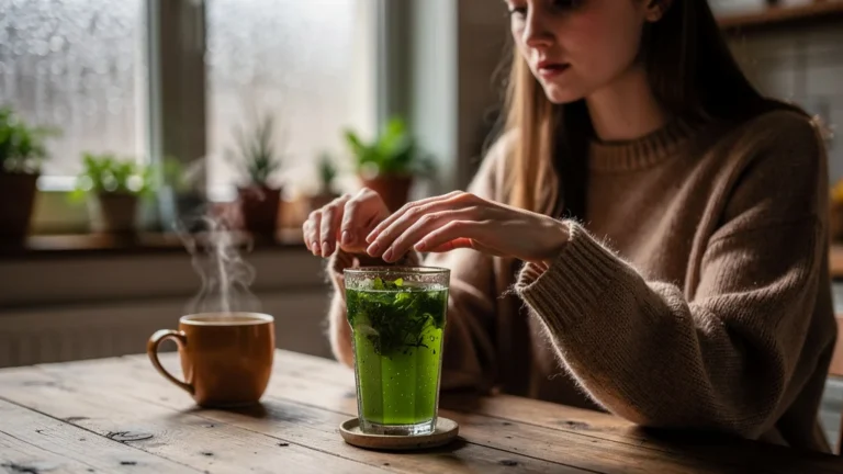 Femme hésitante devant un verre de jus vert froid, estomac sensible au froid, ambiance matinale réaliste