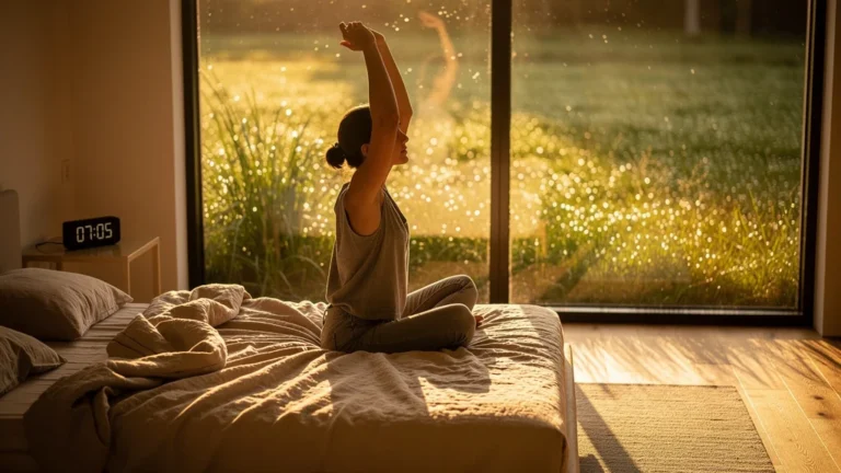 Effet de 20 minutes de lumière naturelle du matin sur le réveil entre fenêtre teintée et herbe fraîche
