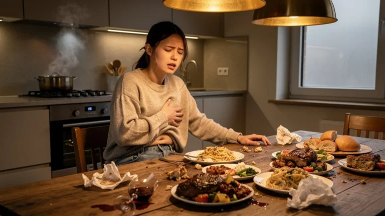 Femme souffrant après un repas copieux, illustrant l'importance d'écouter les signaux du corps