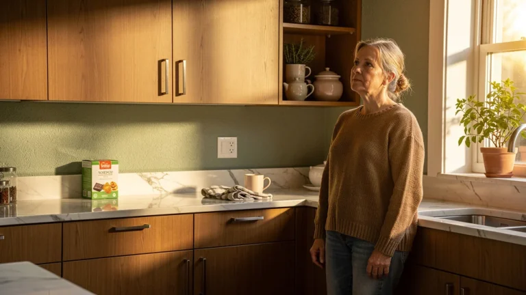 Femme dans cuisine moderne regrettant de ne pas avoir créé un coin tisane dès ses 40 ans