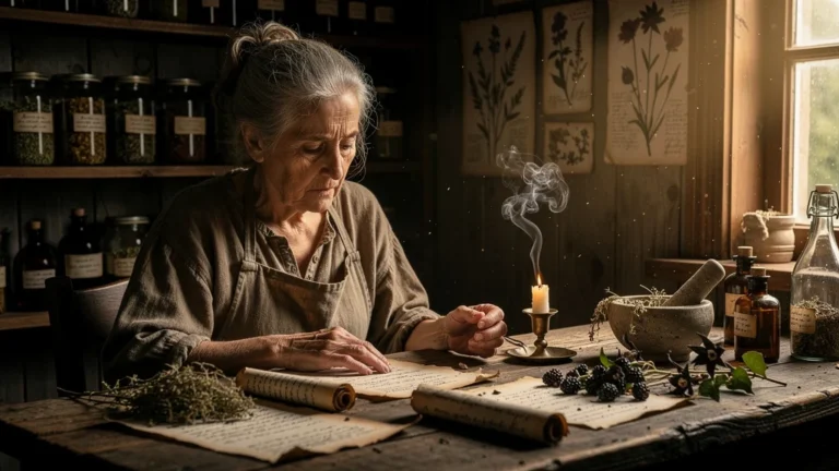 Atelier herboriste ancien avec femme âgée regretant recettes toxiques de sa grand-mère herboriste