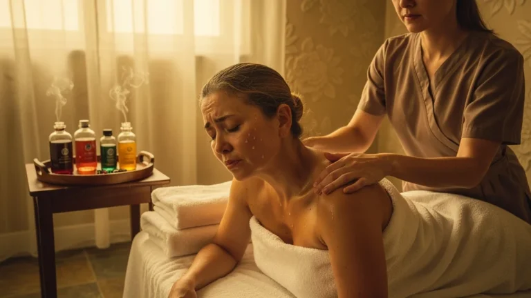 Femme en pleurs pendant un massage aux huiles essentielles dans un spa apaisant