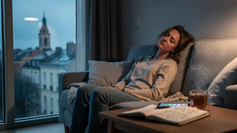 Jeune femme épuisée dans un appartement à Lille après 8 mois de stress sans pause, ambiance mélancolique