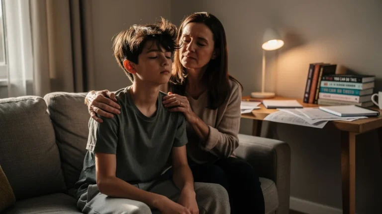 Moment émouvant d’un fils de 16 ans synchronisant sa respiration avec son parent avant un examen important
