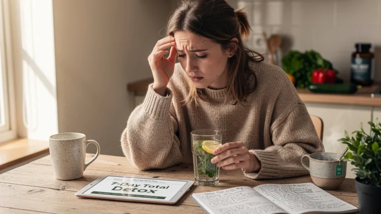 Femme réfléchissant à un protocole détox en ligne non adapté à sa constitution corporelle
