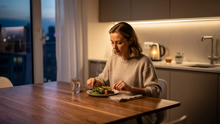 Femme dégustant un dîner léger à 19h dans une cuisine moderne éclairée au crépuscule